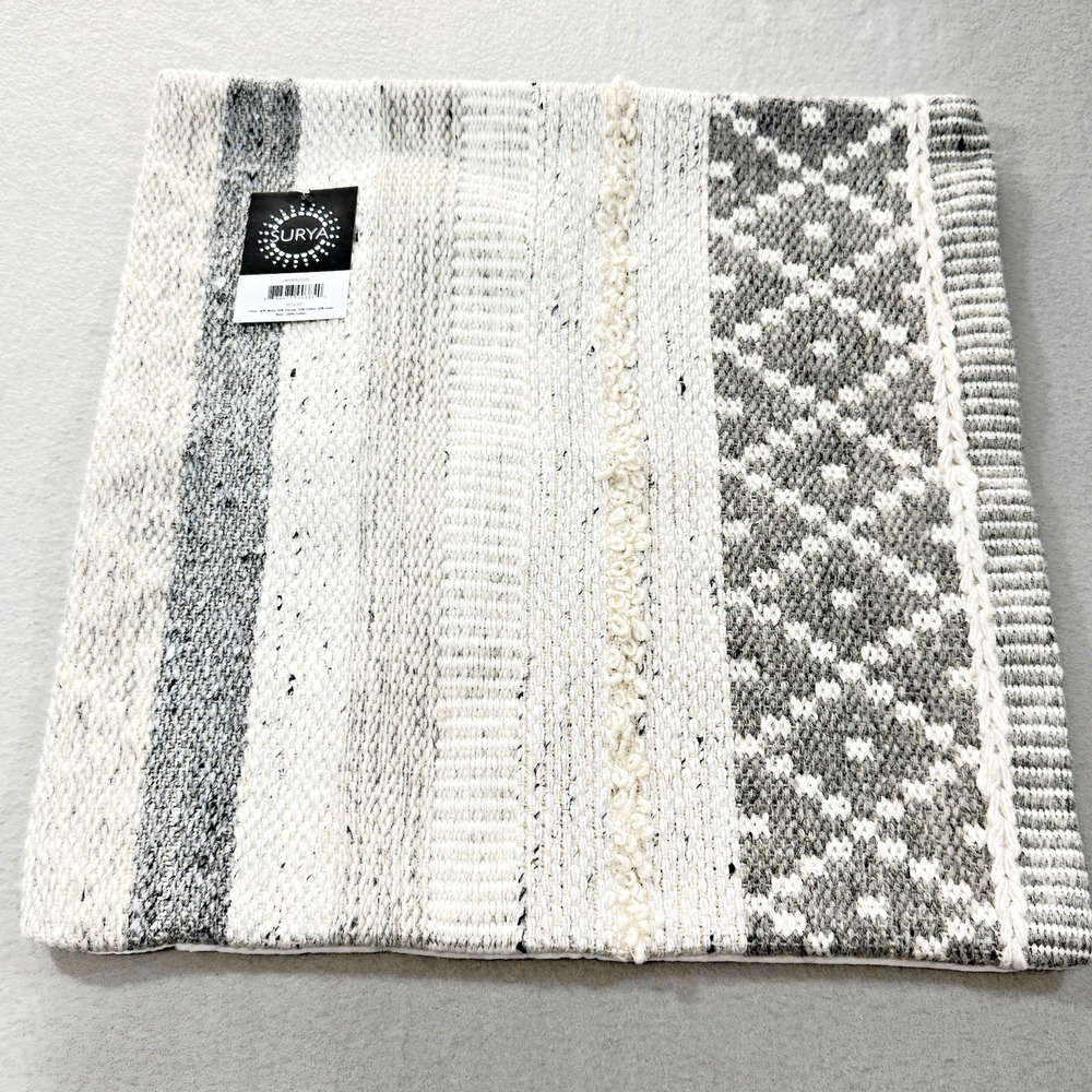 SURYA Grey Cream Wool Blend Throw Pillow Cover 20x20 NWT Farmhouse Boho Chic
